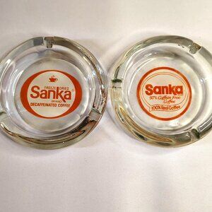 Vintage Sanka Ashtrays Glass 4 Inch Round Lot of 2 Different Advertising Labels